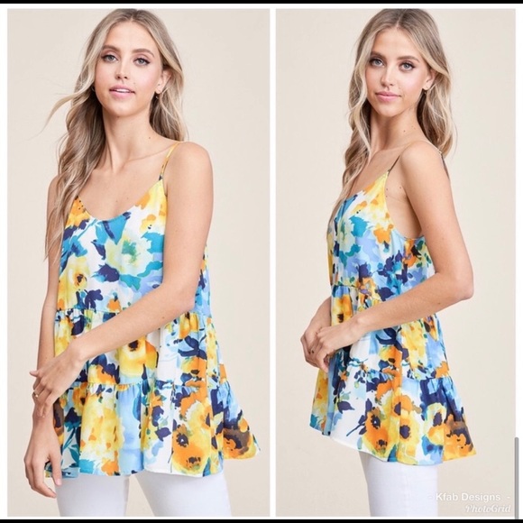 New!1 left L Floral tiered silhouette Comfy Ruffle bottom Top - Picture 7 of 8